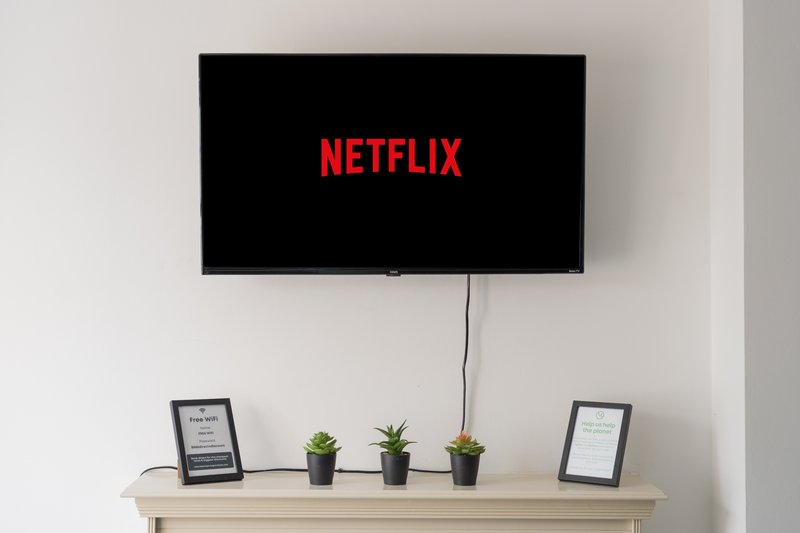 Wall-mounted TV with small plants and devices on shelf below