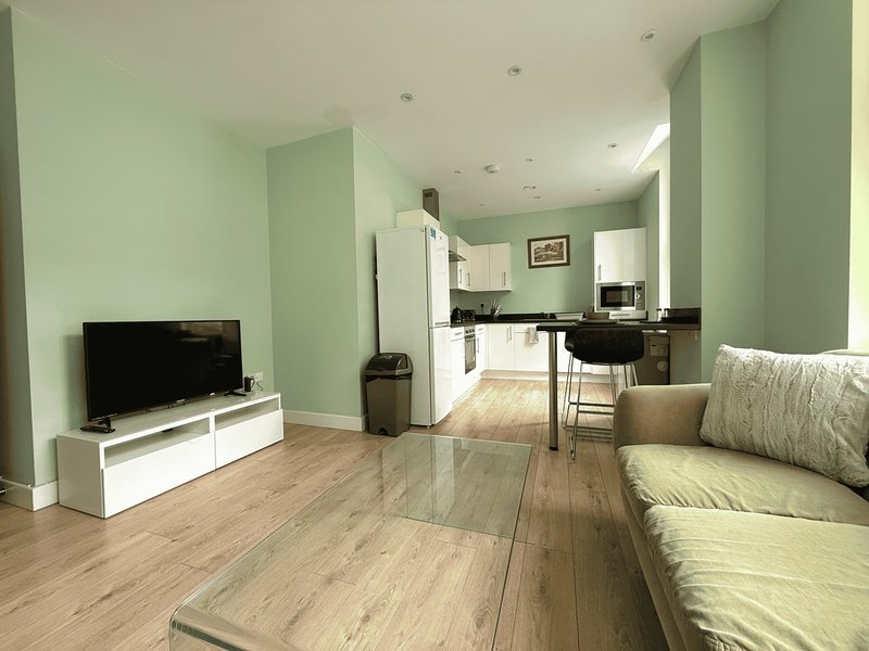 Open-plan living and kitchen area with sage green walls, wooden flooring, TV, sofa and kitchen counter