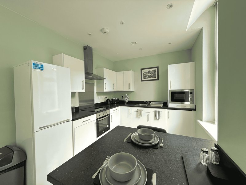 Modern kitchen with white cabinetry, black countertop, stainless steel appliances and green walls