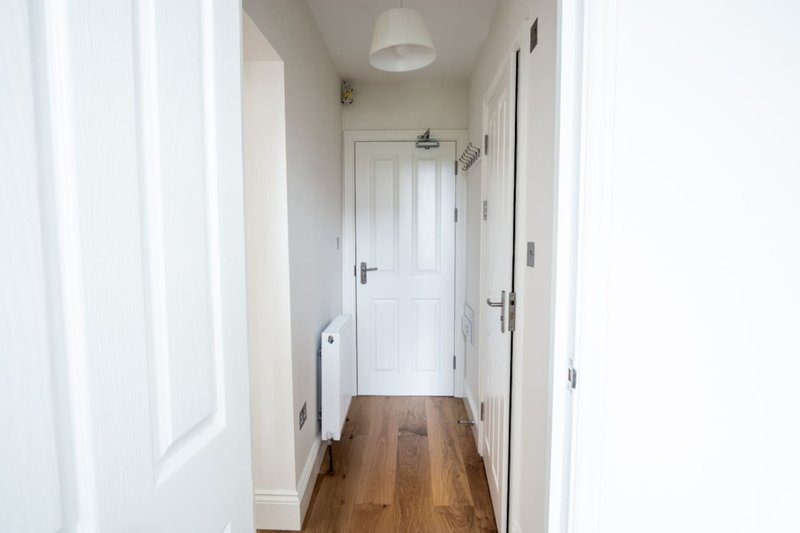 Bright hallway with wooden floor, white walls, pendant light, and multiple doors