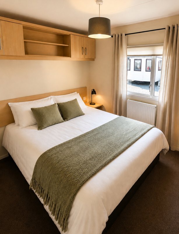 Modern bedroom with double bed, olive cushions, wooden headboard and built-in storage