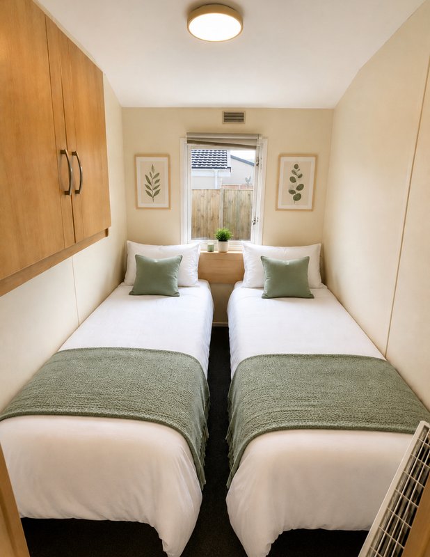 Twin bedroom with two single beds, green throws, white pillows, wooden wardrobe and window