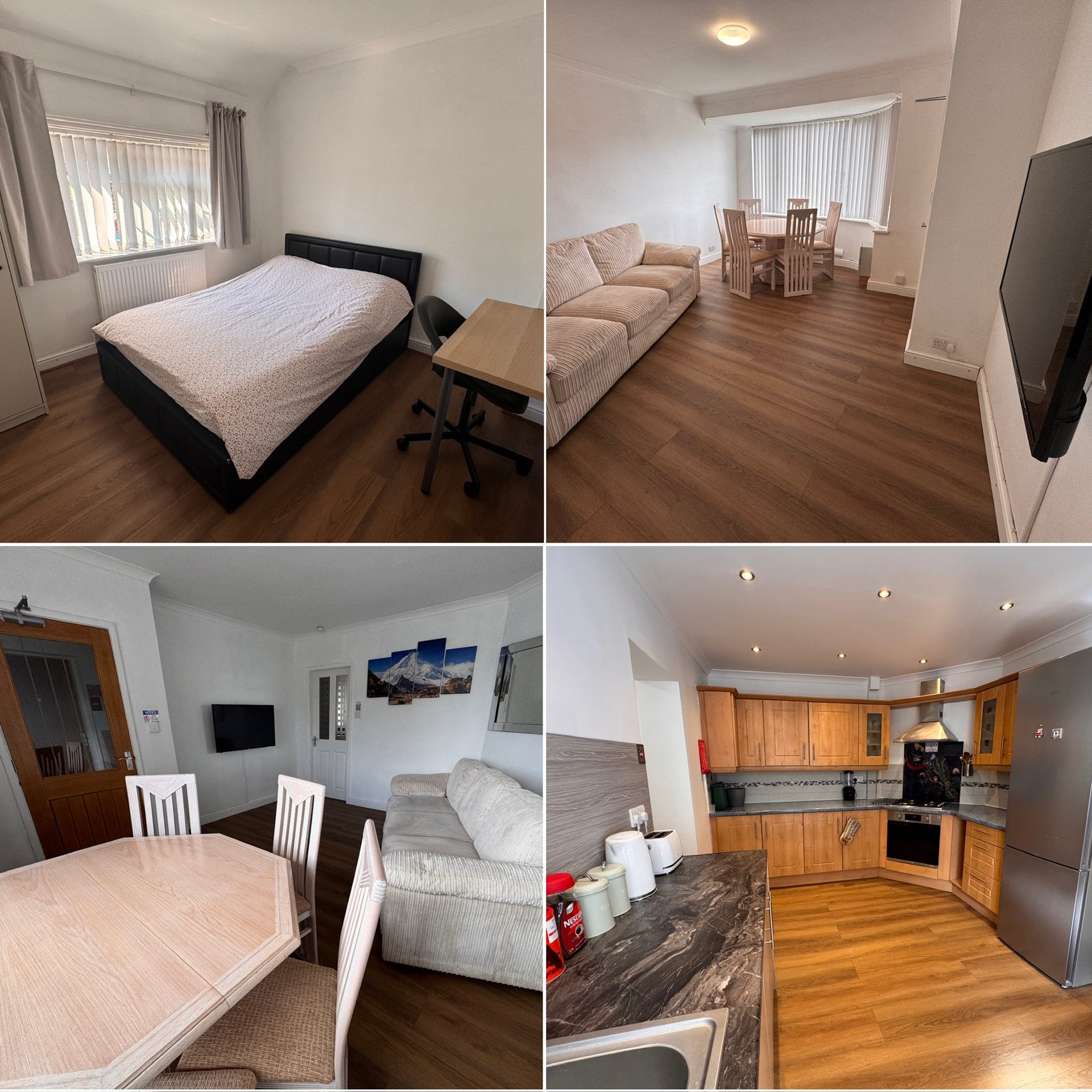 Four-panel collage showing bedroom, living room, dining area, and kitchen of furnished accommodation