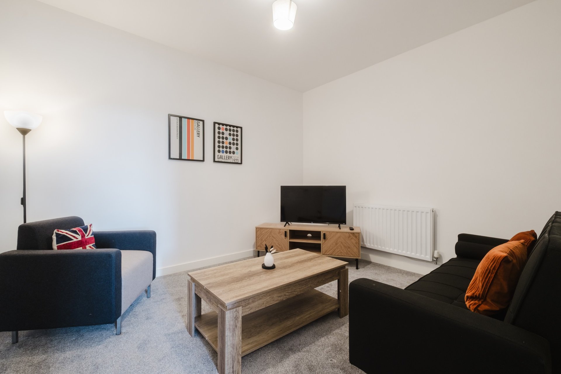 Bright living room with blue and black sofas, wooden coffee table, TV stand and wall art