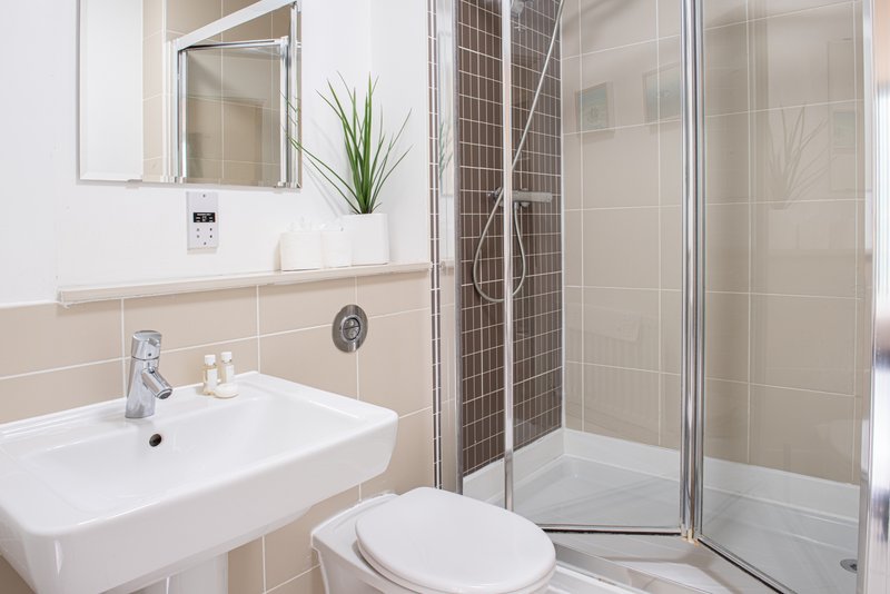 Modern bathroom with white sink, toilet, shower enclosure and mirror