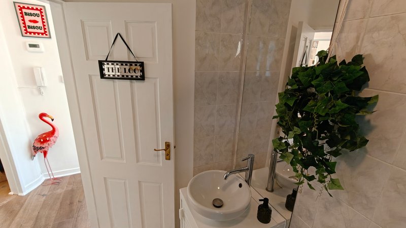 Bathroom with round sink, mirror, decorative plants and door