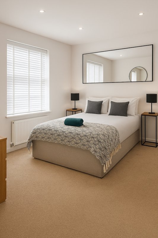 Bright bedroom with double bed, patterned bedding, mirror above headboard, and shuttered window