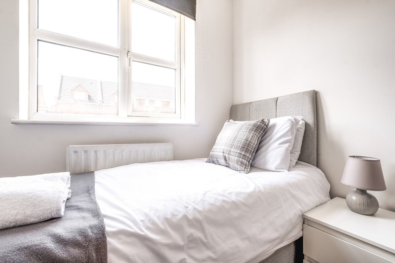 Bright bedroom with single bed, grey headboard, white bedding, and window with natural light