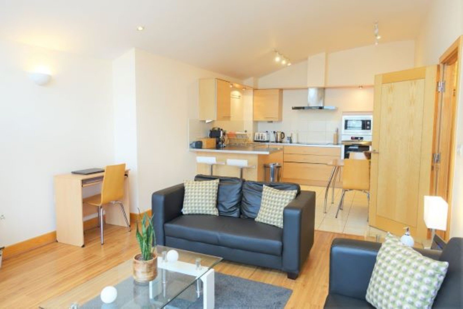 Open-plan living and kitchen area with dark sofa, wooden furniture and light wood flooring