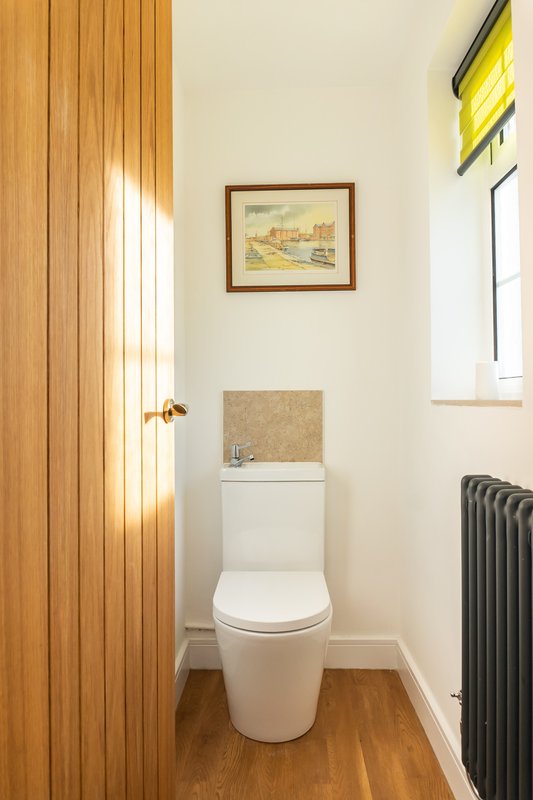 Small bathroom with white toilet, framed landscape artwork, wooden door and dark radiator