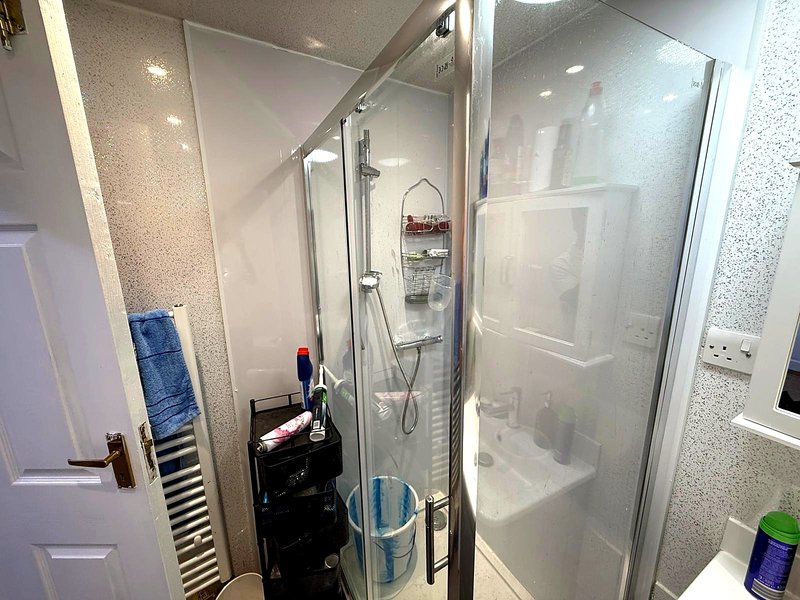 Modern bathroom with glass shower enclosure, heated towel rail, and white tile walls