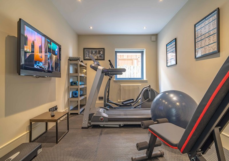 Home gym with treadmill, exercise bike, stability ball, and wall-mounted television