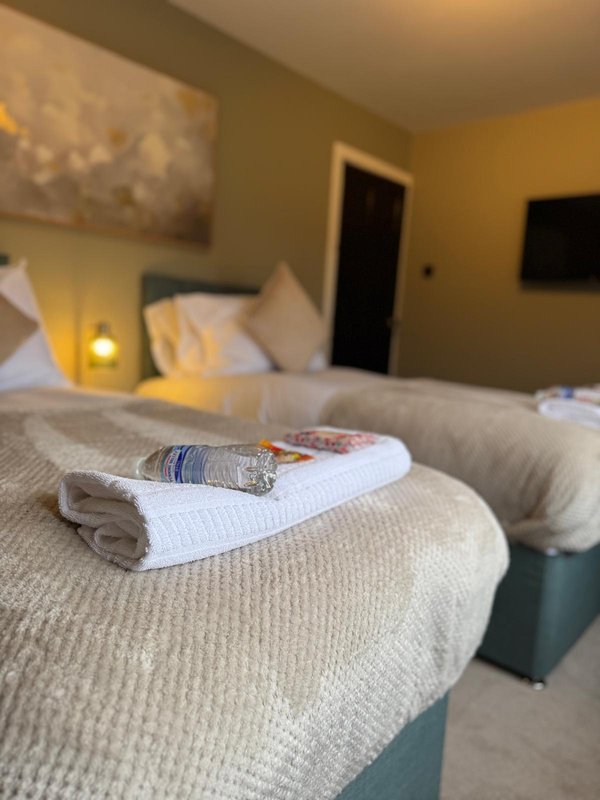 Bedroom with two beds, folded towels, bedside lamp, and yellow-green walls