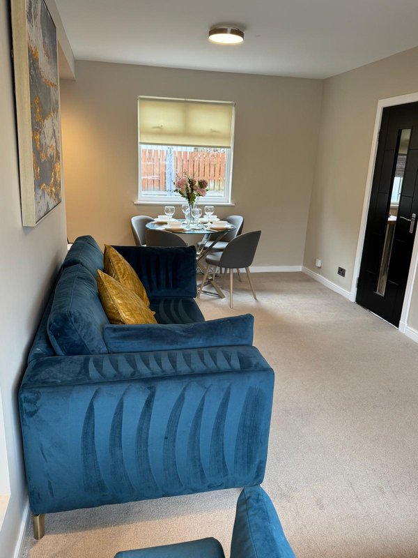 Open plan living space with blue upholstered sofa, dining table, window and cream carpeting