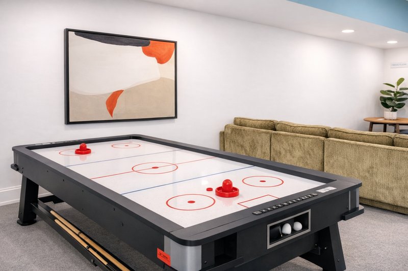 Recreation room with air hockey table, tan sofa, framed wall art and potted plant