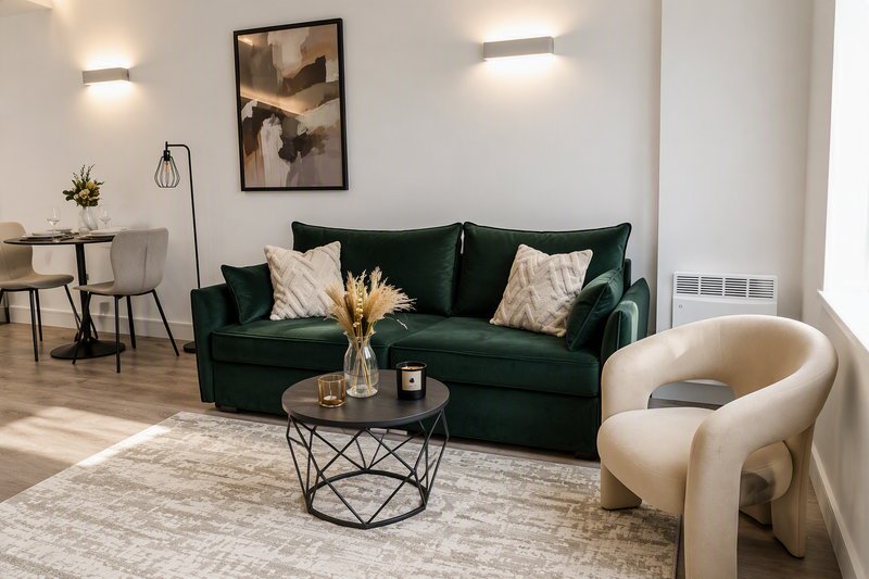 Modern living room with dark green sofa, cream armchair, round black coffee table and dining area