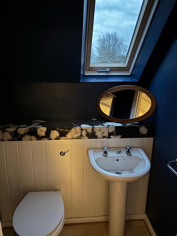 Small bathroom with toilet, pedestal sink, round mirror and skylight window