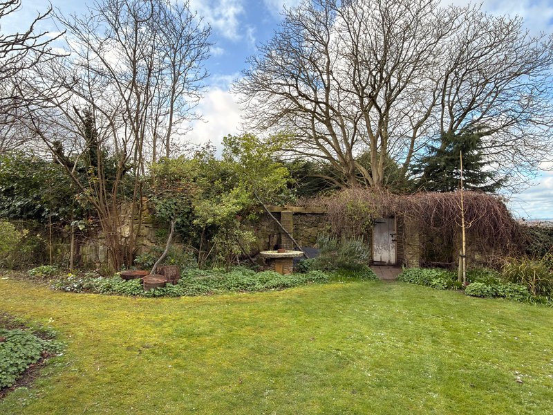 Garden with lawn, mature trees, ivy-covered stone building and garden structures