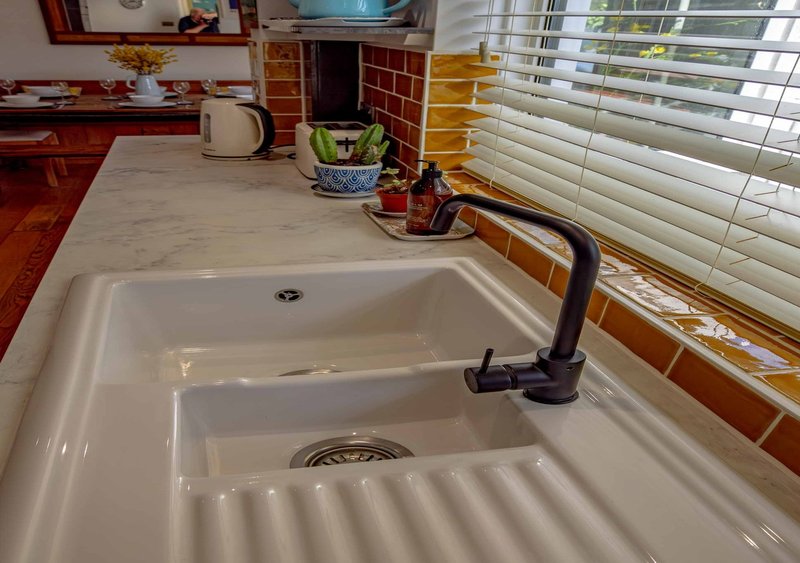 Kitchen sink with black faucet, window with blinds, potted plants and shelving behind