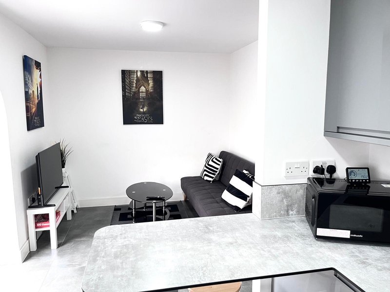 Modern studio apartment with sofa, desk, TV, and decorative wall art