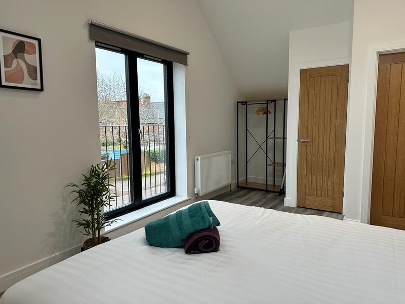 Bright bedroom with double bed, teal throw, patio doors, wooden doors and potted plant
