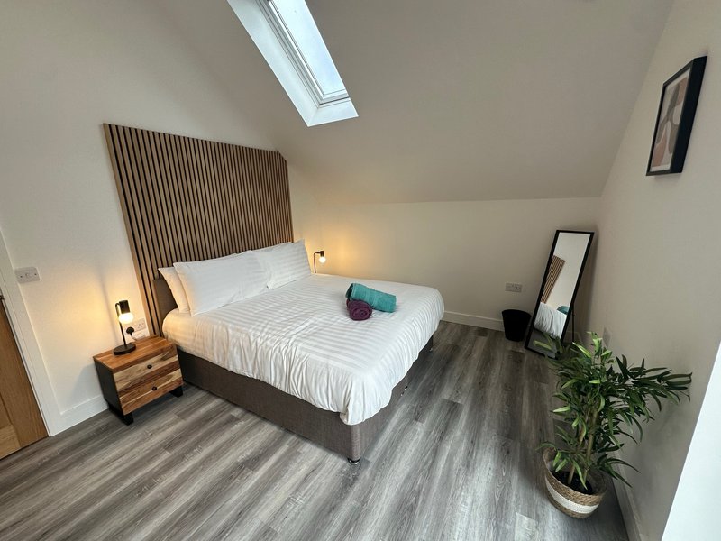 Modern bedroom with double bed, wooden headboard, skylight, bedside lamps and potted plant