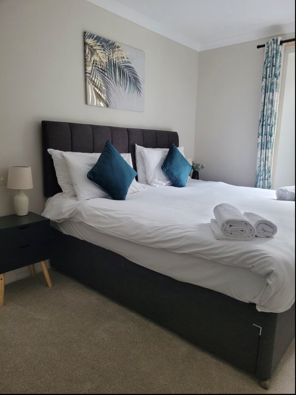 Modern bedroom with black upholstered bed, white bedding, blue cushions, and botanical wall art