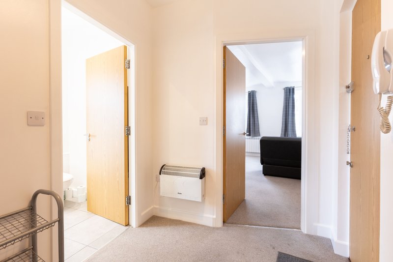 Hallway with multiple doorways, cream walls, light wood doors, and carpeted flooring