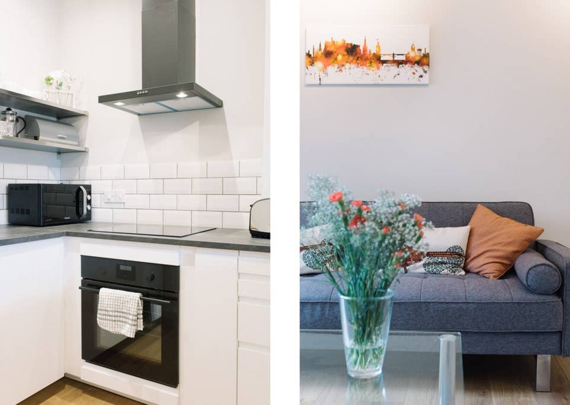 Modern kitchen with white subway tiles and black appliances; living room with grey sofa and orange cushions