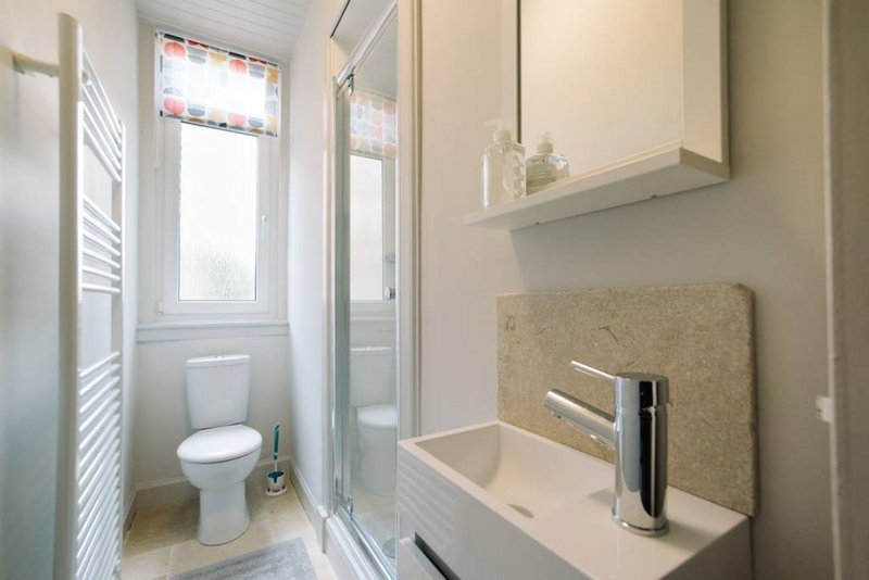 Modern bathroom with toilet, shower cubicle, sink and mirror cabinet