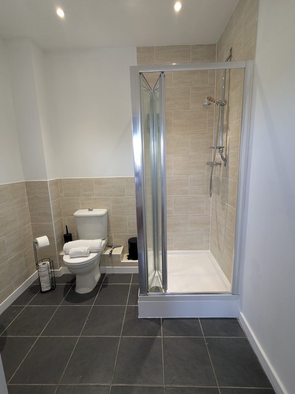 Modern bathroom with shower cubicle, toilet, and dark tile flooring