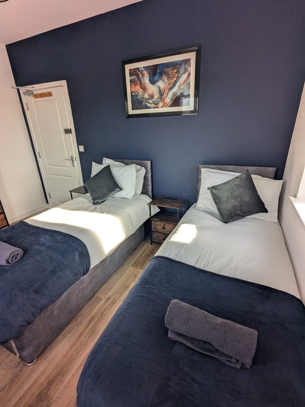 Twin bedroom with two single beds, navy blue walls, white door, and framed artwork