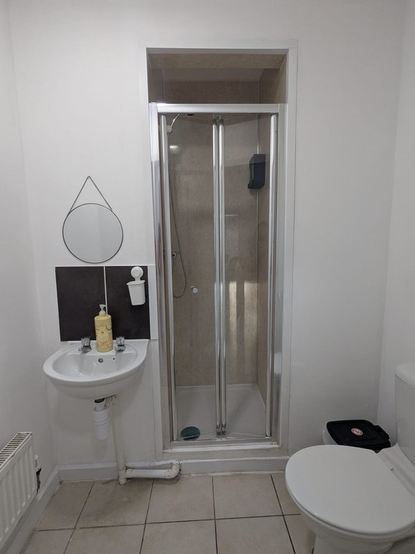 Compact bathroom with shower enclosure, pedestal sink, mirror and toilet