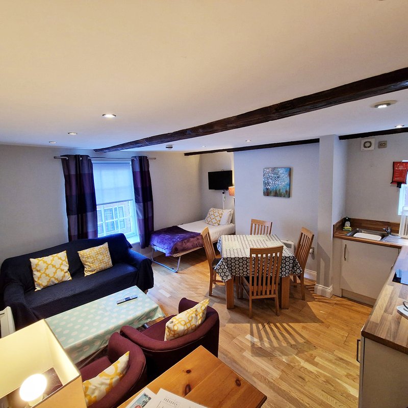 Open-plan living area with sofa, dining table, kitchenette and bedroom visible