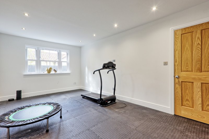 Bright gym room with treadmill, trampoline, wooden door and large window