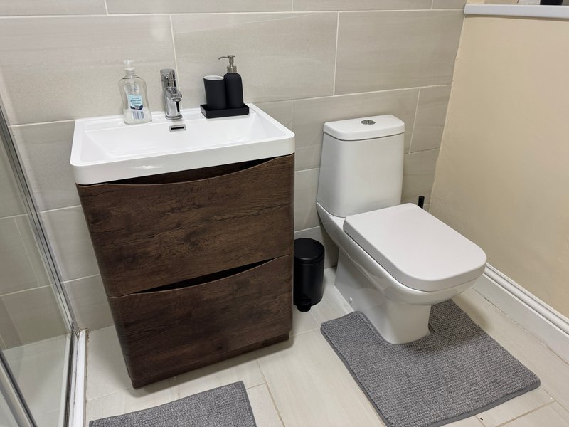 Modern bathroom with wooden vanity unit, white sink, toilet, and gray floor mats