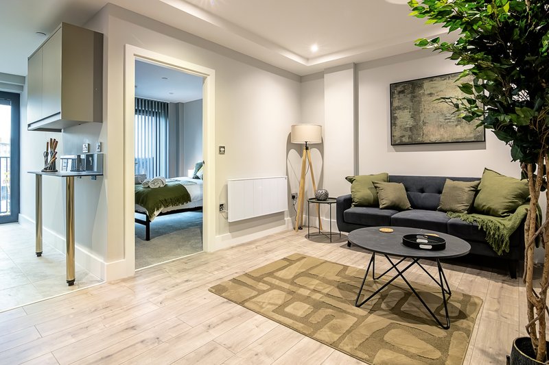 Open-plan living area with kitchen, sofa, coffee table and bedroom visible through doorway