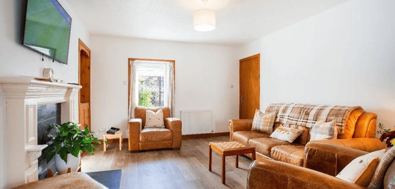Bright living room with fireplace, brown upholstered sofa, armchair, wooden doors and potted plant