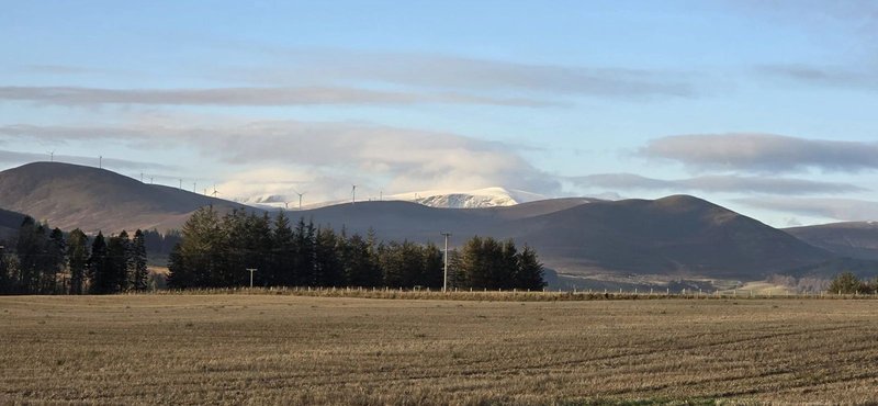 Open countryside with ploughed field, tree line and snow-capped mountains in distance