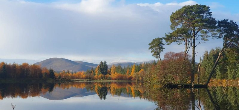 Scenic lake view with autumn trees, distant mountains and clear sky reflection