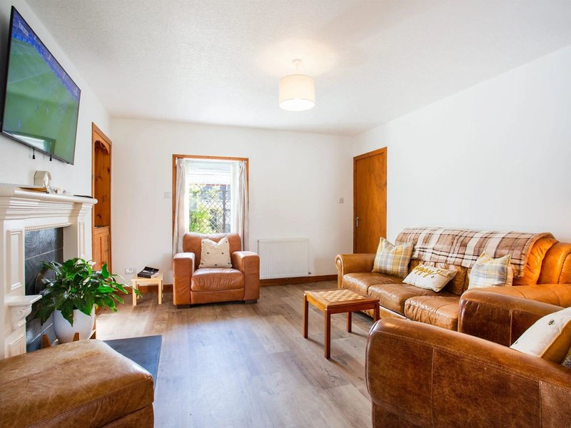 Spacious living room with brown leather furniture, fireplace, TV, wooden doors and natural light