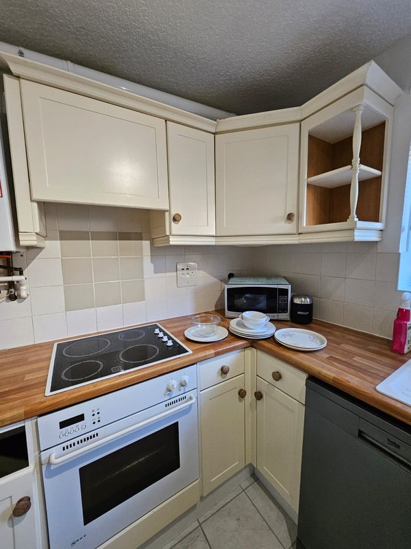 Compact kitchen with cream cabinets, wooden countertop, electric cooker and induction hob
