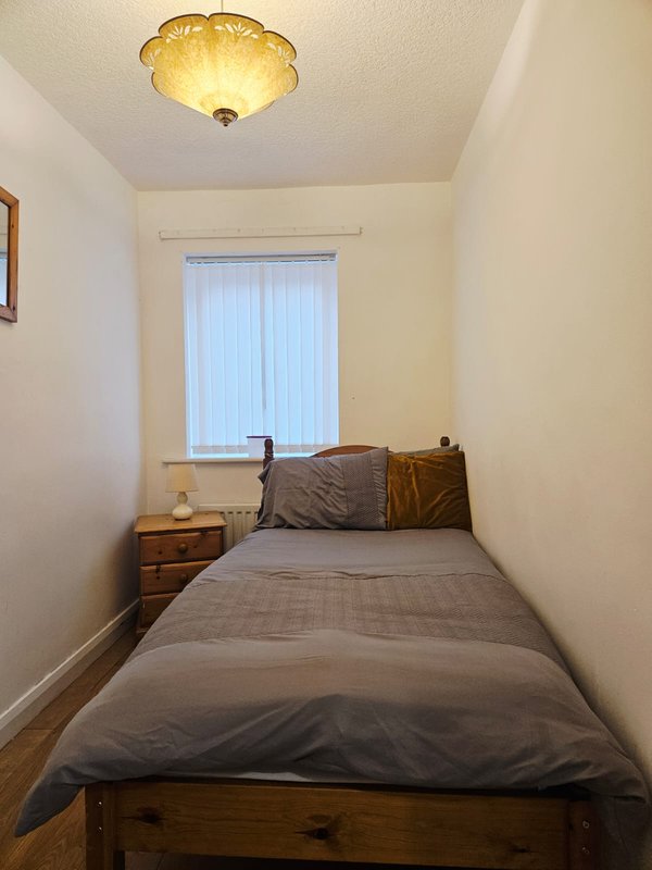 Small bedroom with single bed, wooden bedside table, ceiling light and window with blinds