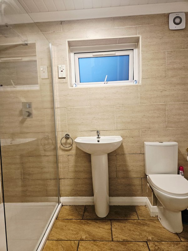 Modern bathroom with pedestal sink, toilet, shower enclosure and window