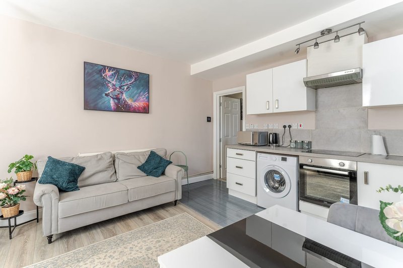 Open-plan living room and kitchen with cream sofa, washing machine, oven and white cabinetry
