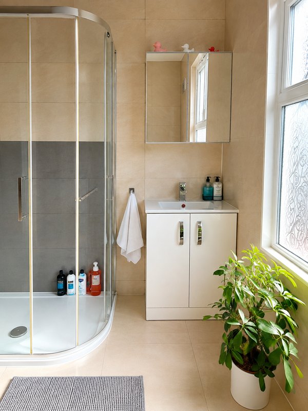 Modern bathroom with curved glass shower enclosure, white vanity unit, mirror cabinet and potted plant by window