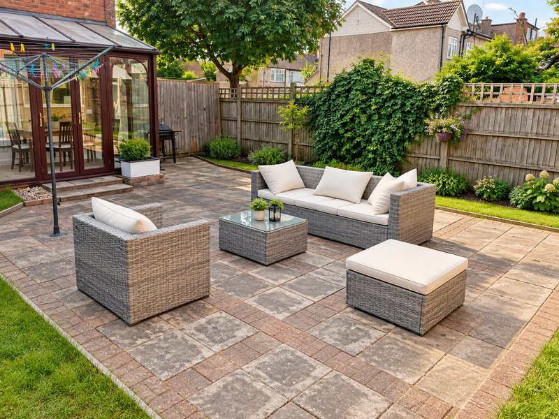 Paved garden patio with rattan furniture, seating area, and wooden pergola structure