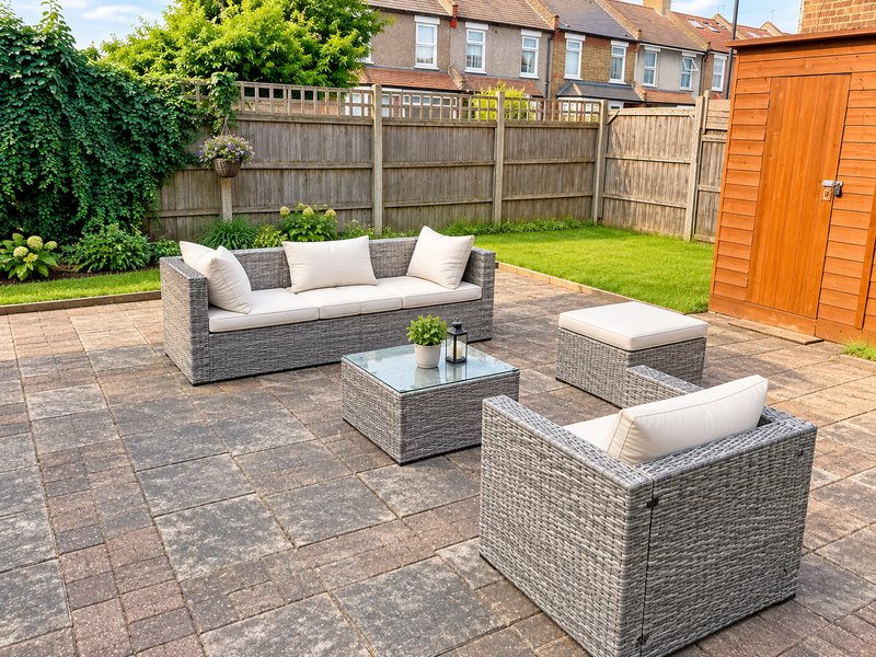 Patio seating area with rattan furniture, cushions, and garden behind wooden fence