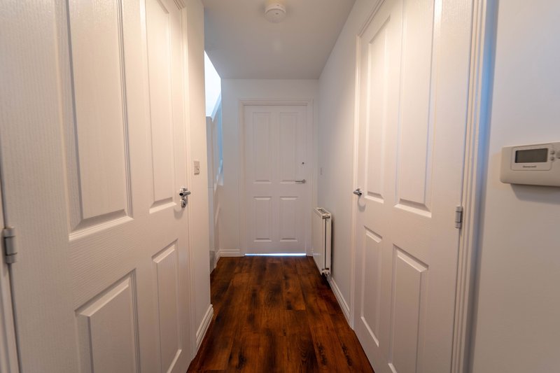 Hallway with white paneled doors, wooden floor, and overhead lighting