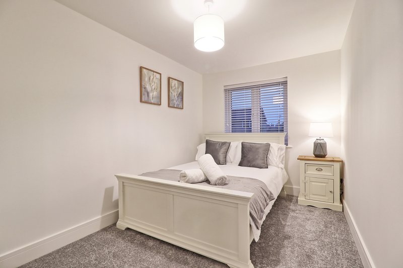 Bright bedroom with white bed frame, grey carpet, bedside table and window with blinds